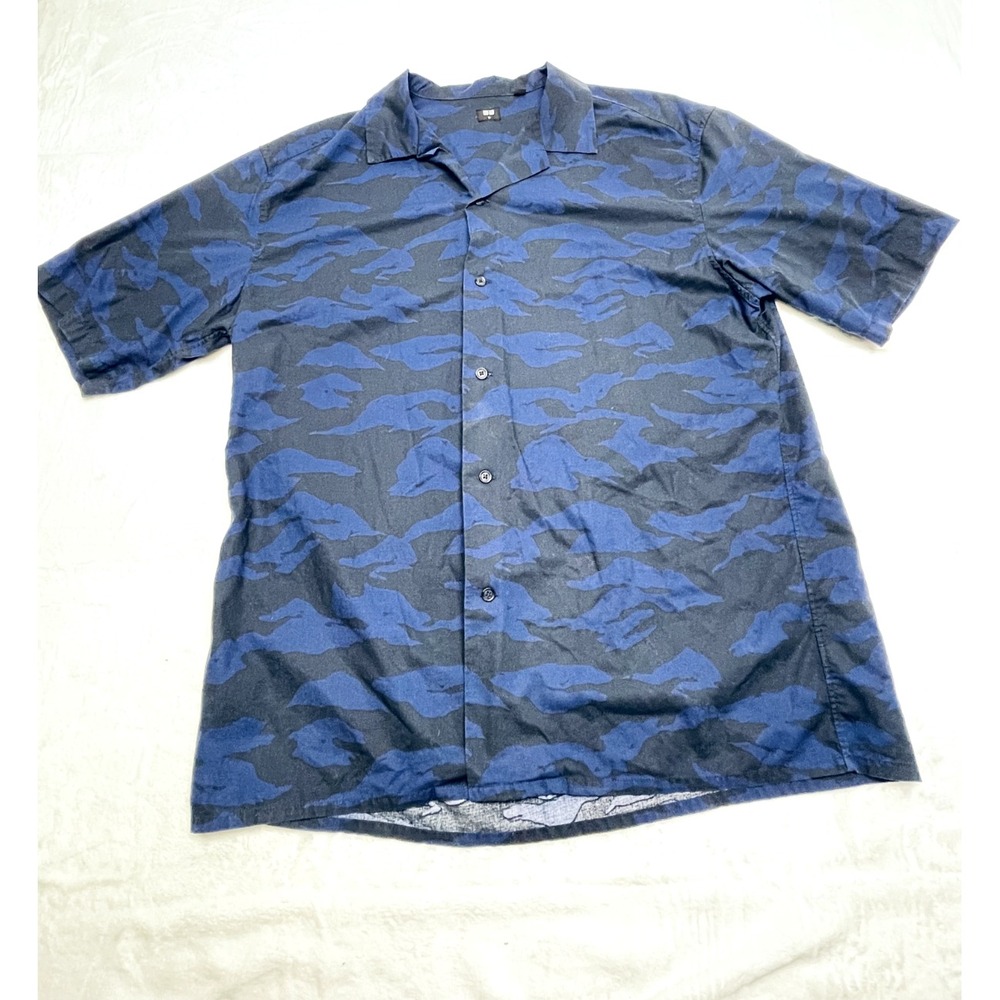 Uniqlo‎ SS Shirt Mens M Black Blue Black Camoflauge Pattern Button Down